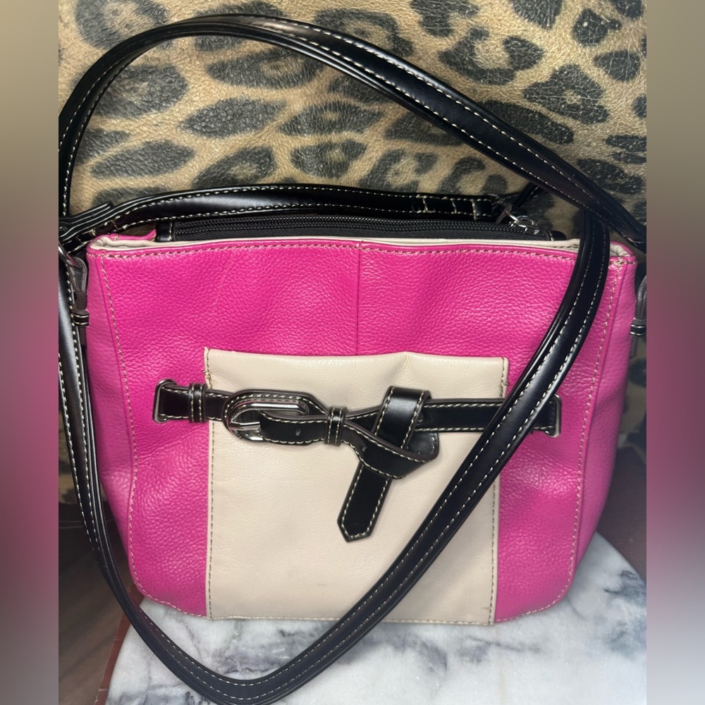 Tignanello Hot Pink & Cream Pebble Leather Crossbody Bag - Picture 3 of 16